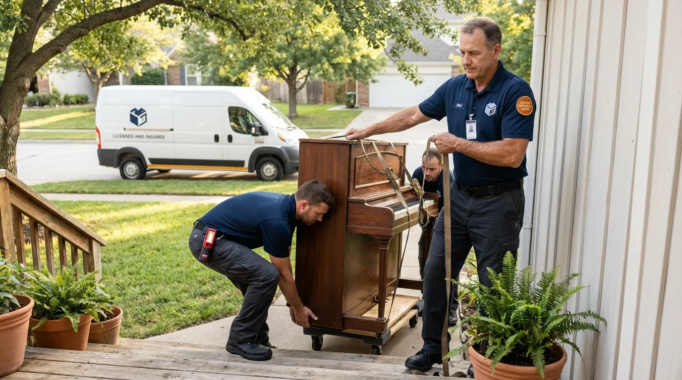 Licensed piano movers securing grand piano in Philipsburg, MT